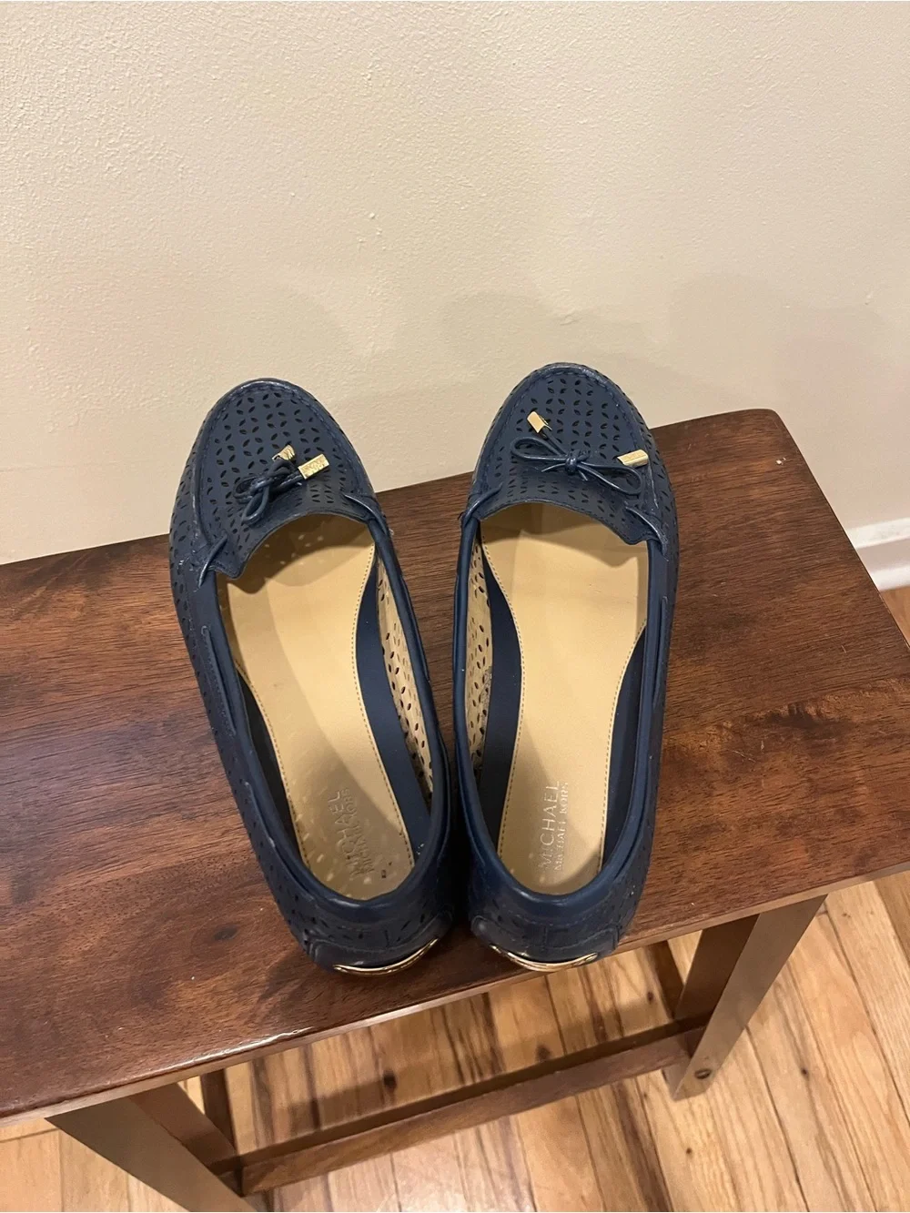 Michael Kors Navy Perforated Leather Loafers with Bow Accent